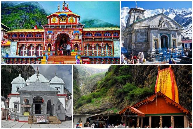 A collage depicting the Char Dham temples: Badrinath with its bright, multicolored facade; Kedarnath with its historic stone architecture; Gangotri's serene white domes; and Yamunotri, a small temple with a striking orange banner set against green mountains.